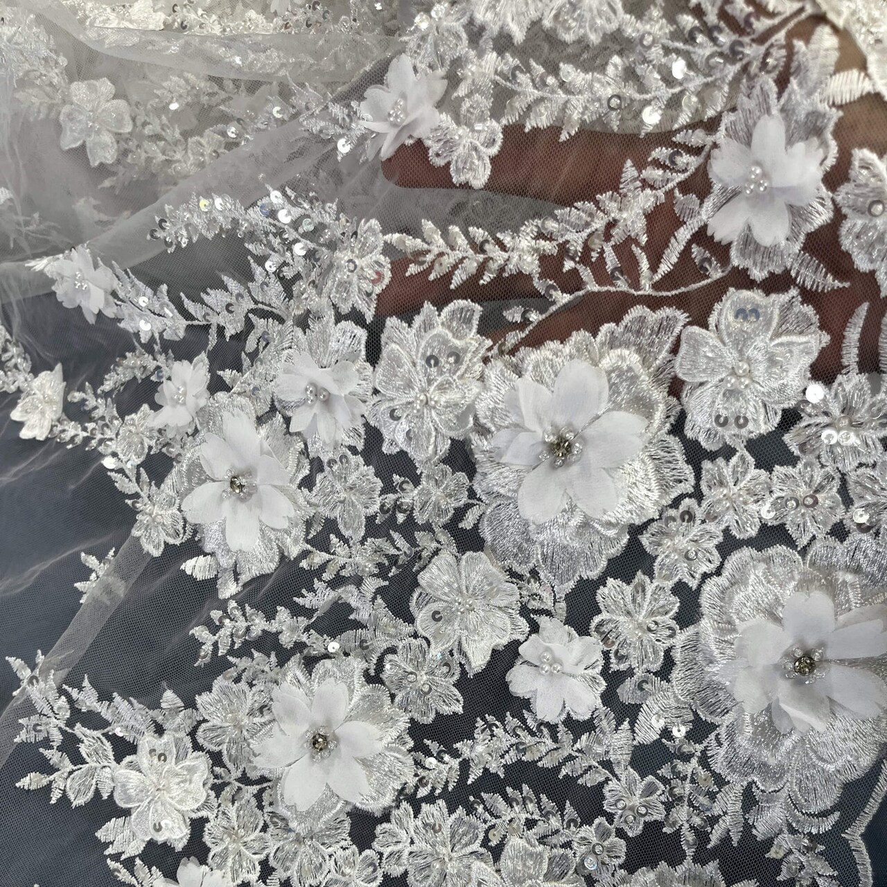 1 Yard Beaded 3D Floral Lace Fabric with Rhinestones, 51" Wide Embroidered Mesh